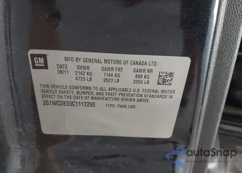 2012 Chevrolet Impala Ltz z USA, uszkodzony, nr VIN 2G1WC5E30C1117290